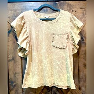 EUC BiBi Tan Mineral Wash Short Flutter Sleeve Top